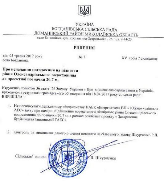 Відмова Богданівської сільради в наданні згоди на підйом рівня Олександрівського вдсх до 20.7 м Відмова Богданівської сільради в наданні згоди на підйом рівня Олександрівського вдсх до 20.7 м